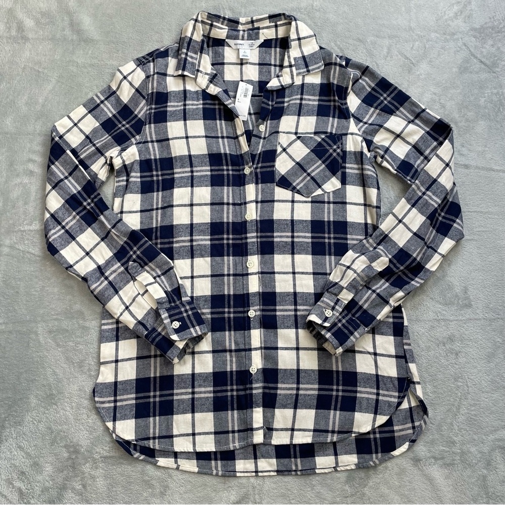 Old Navy Classic Flannel Shirt Small Tall ST‎ Womens NWT Blue Cream Relaxed